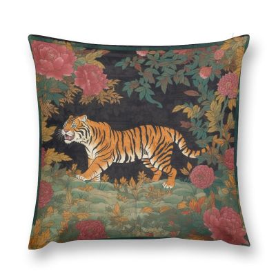 MangGou Tiger Velvet Pillow Cases Pink Green and Turquoise Floral Colorful Throw Pillow Chinoiserie Style Cushion Cover Pillow Covers 20 "x20 Decorative Pillowcase for Couch Bedroom Living Room