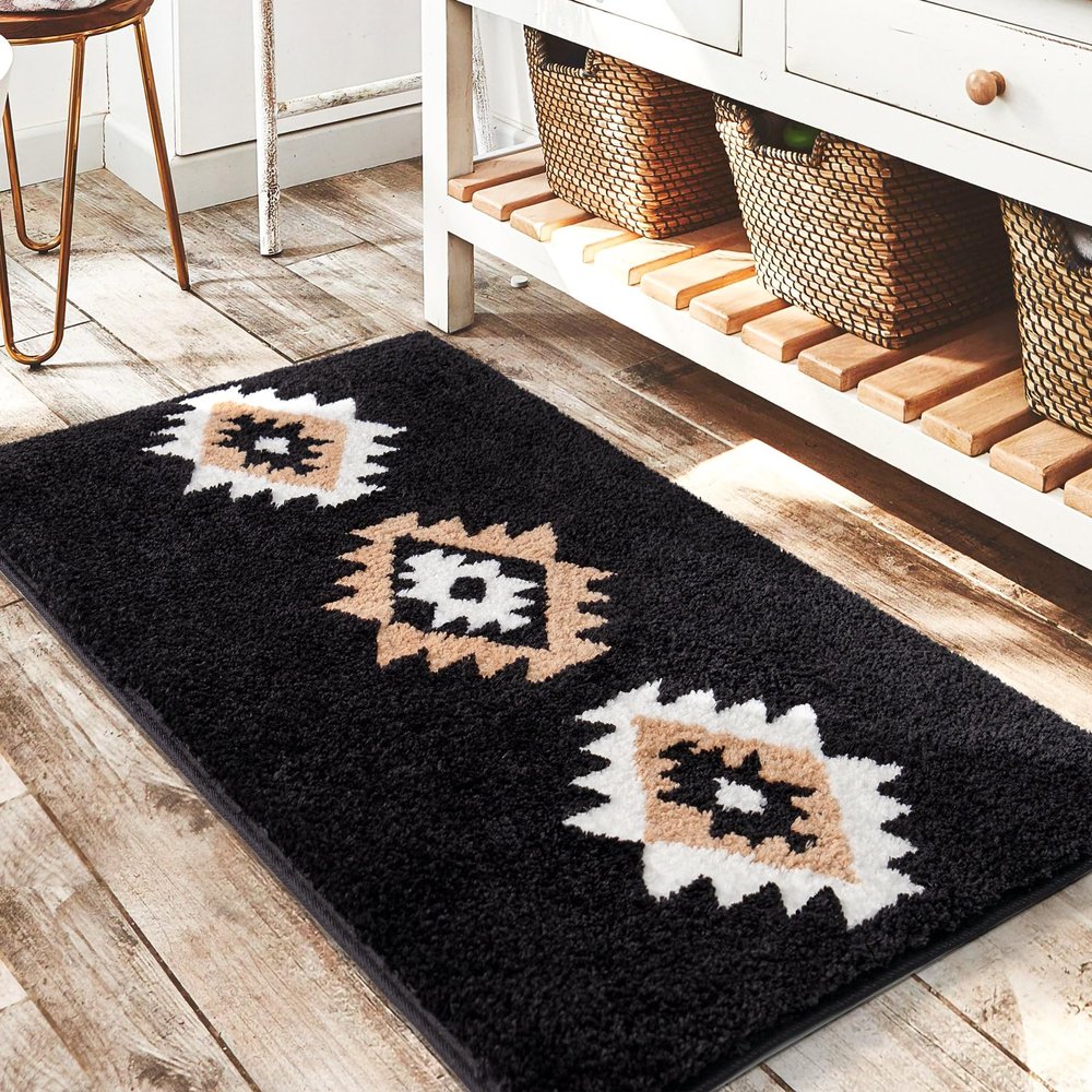 DEXDE Bathroom Rugs 24x36 Black Boho Aztec Bath Mat, Non Slip Western Geometric Bath Rugs Luxury Soft Absorbent Carpet for Bathroom Shower Kitchen Entryway Farmhouse Modern