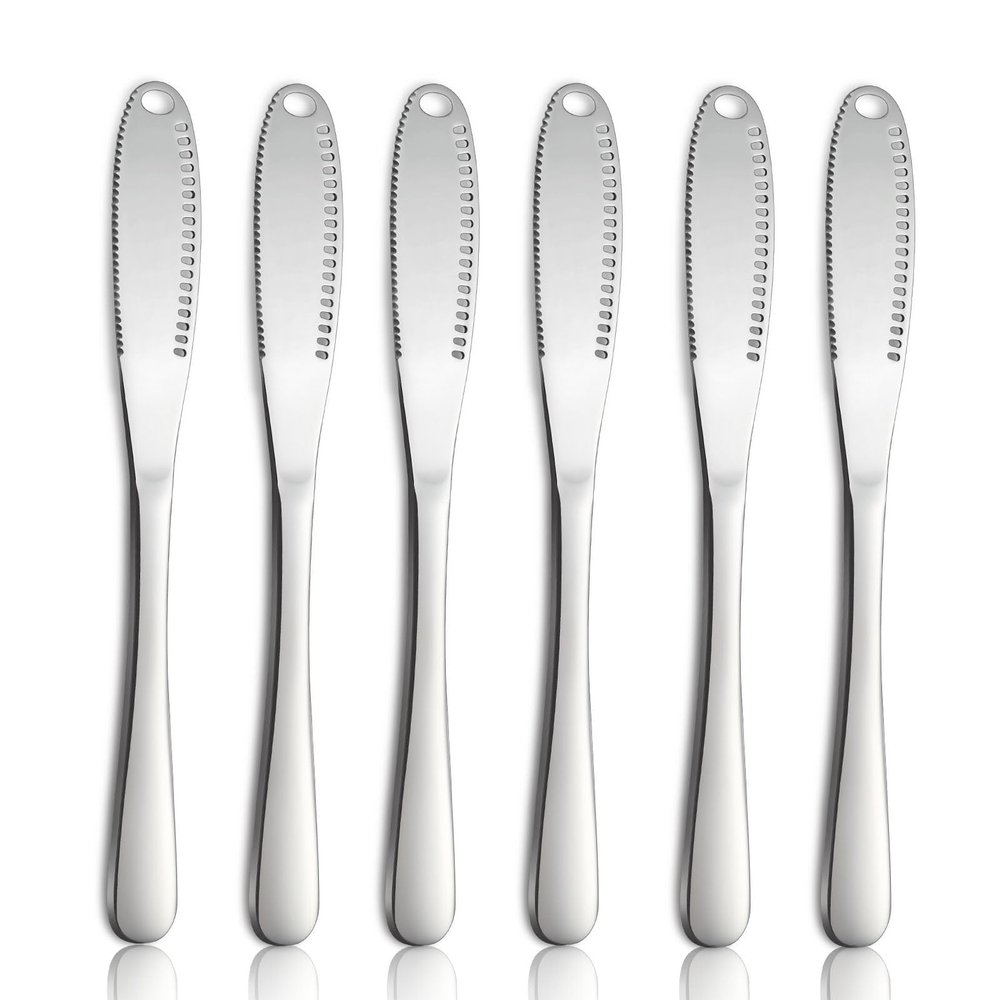 hunnycook 6P Butter Knife, 8.7 silver Butter Spreader, Stainless Steel Butter Knife Spreader, Butter Spreader Knife with Holes and Serrations, Multi-Function Spreader Knives for Butter, Cheese, Jam