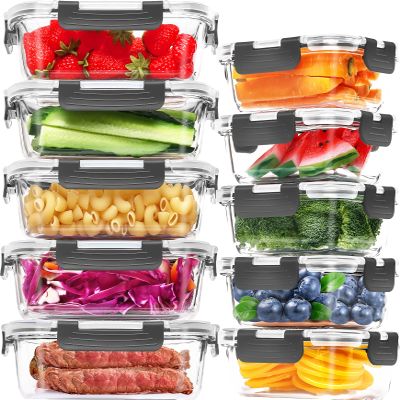 Skroam 10-Pack Glass Meal Prep Containers, Food Storage Containers with Snap Locking Lids, Airtight Bento Boxes for Microwave, Oven, Freezer and Dishwasher