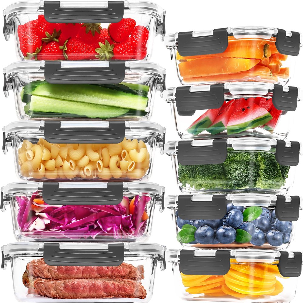 Skroam 10-Pack Glass Meal Prep Containers, Food Storage Containers with Snap Locking Lids, Airtight Bento Boxes for Microwave, Oven, Freezer and Dishwasher