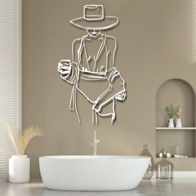 Cool Woman with Wine Metal Line Wal Art, Feminine Pop Art, Unique Minimalist Line Art, Metal Aesthetic Home Decor, Metal Line Art Wall Decor, Bathroom or Bedroom Decor (45"H x 25 "W / 115 x 64 cm, white)