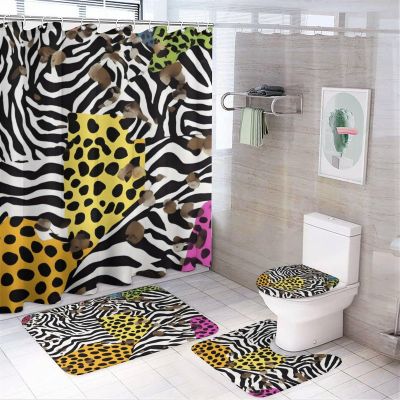 ZGDPBYF Zebra Cheetah 3 Piece Bath Mats Blackwhite Leopard Stripe Colorful Animal Stitching Waterproof Non Slip Bath Mat Set, Washable Rug for Bathroom,-3-Piece Set