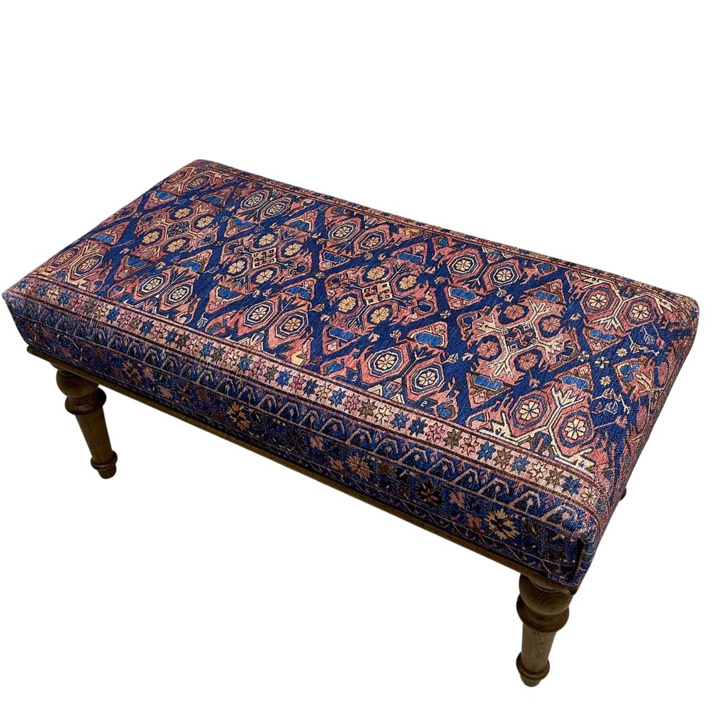 EASTERNRUGARTS Boho Geometric Rug Upholstered Ottoman Bench, Piano Bench, Blue Decorative Entryway Bench, Bedroom Ottoman, Kitchen Dining Bench, Footstool Ottoman (18x18X48, Blue-Pink)