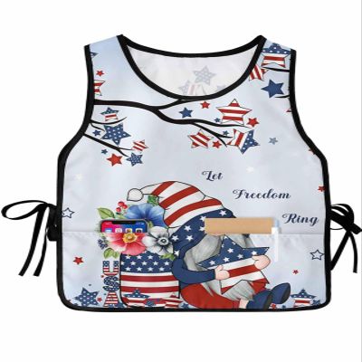 4th of July Cobbler Apron with Pockets,Women Men Smock Bib Adjustable Kitchen Chefs Cooking Cleaning Nursing Work Clothing,Red Blue Star Stripes Flag Patriotic Memorial Gnomes 1 Pack,20"x31.5"