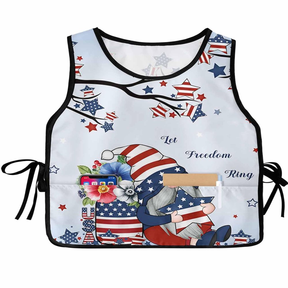 4th of July Cobbler Apron with Pockets,Women Men Smock Bib Adjustable Kitchen Chefs Cooking Cleaning Nursing Work Clothing,Red Blue Star Stripes Flag Patriotic Memorial Gnomes 1 Pack,20"x31.5"
