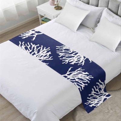 Navy Blue Coral Bed Runners for King Size Bed, Decorative Bed Throws for Foot of Bed, Coastal Summer Beach Nautical Seaside Bed Runner Sofa Throw Bedding Scarf Protector Slipcover for Bedroom/Hotel
