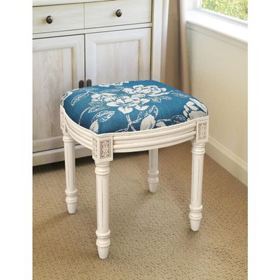 123 Creations Navy Blue Magnolia Vanity Stool with Antique White Finish