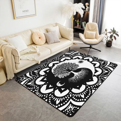 Black and White Area Rug 5x7, Bohemian Mandala Rug for Kids Boys Girls, Yin Yang Psychedelic Tree of Life Washable Carpet, Exotic Medallion Sun and Moon Decorative Rug for Bedside