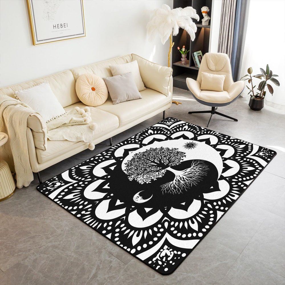 Black and White Area Rug 5x7, Bohemian Mandala Rug for Kids Boys Girls, Yin Yang Psychedelic Tree of Life Washable Carpet, Exotic Medallion Sun and Moon Decorative Rug for Bedside