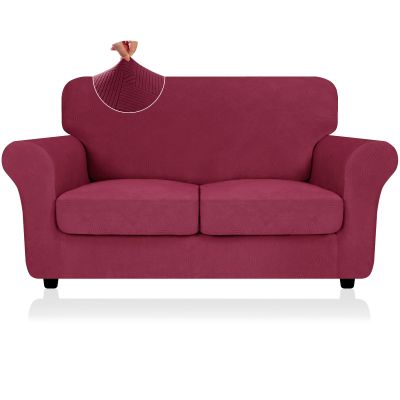 2026 Striped Loveseat Cover 3-Piece (55"-69"), Thick Stretch Sofa Covers for 2 Cushion Couch with Non-Slip Elastic Band & Bottom Ties Stay in Place, Soft Durable Love Seat Slipcovers, Wine Red