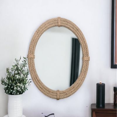Home Dress Round Jute Wall Mirror Decorative Wall Mounted Nautical Themed Rustic Rope Mirror with Hanging Loop, Handcrafted Vintage Nautical Design, Brown (24 Inch)