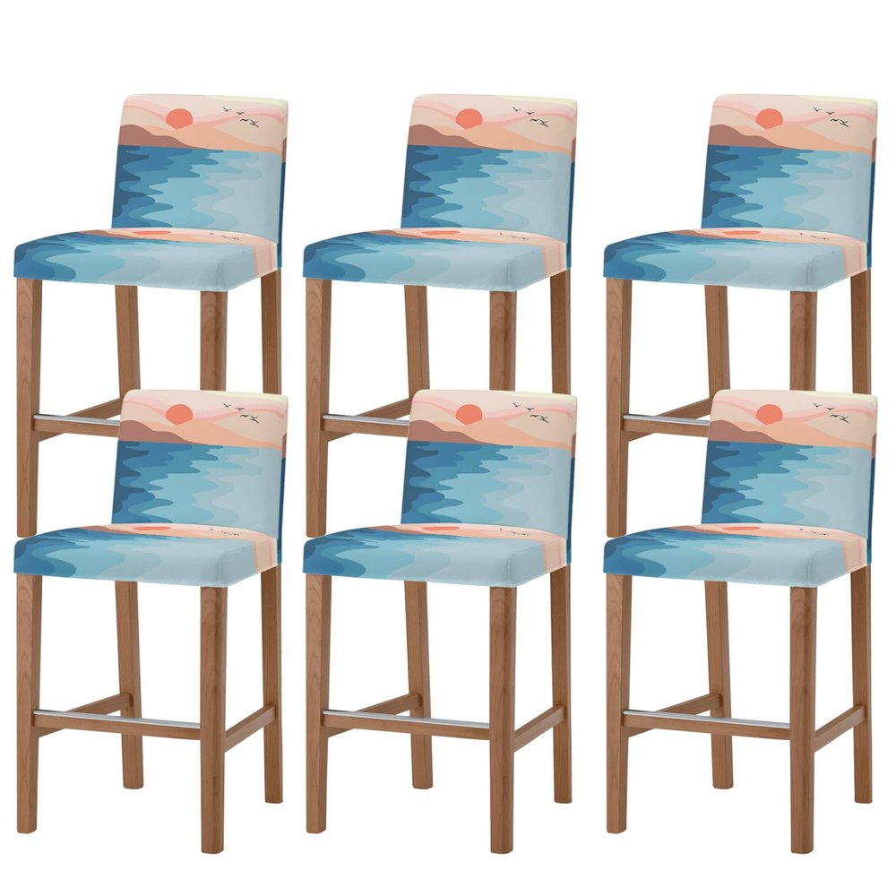 Bar Stool Covers with Backs - Stretch Removable Washable Bar Chair Covers Set of 6 for Short Back Chair (Abstract Watercolor Sunset Landscape Pink)