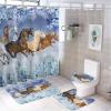 Beautiful Horses 4 Pcs Waterproof Shower Curtain Set,Realistic Modern Winter Forest Farm Animal Horse Blue Flowers with Waterproof Toilet Cover Shower Mat Rugs view 1