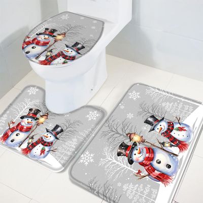 Wotrend Snowman 3 Piece Bath Rugs Set Gray Christmas Snowflake Winter Holiday Non-Slip Bathroom Mats Absorbent Contour Soft Mat Toilet Lid Cover Bathroom Decor Set- 20"x32"+16"x18"+16"x20"