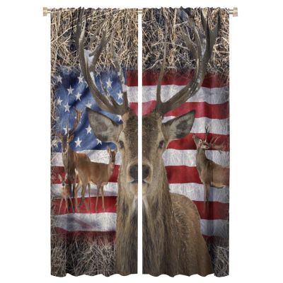 FBMLBRB Farmhouse Animal Deer Curtains,Vintage Rustic Farm Wildlife Deer American Flag Window Drapes Thermal Insulated Rod Pocket Blackout Curtains for Bedroom 2 Panels 63" L x 21" W