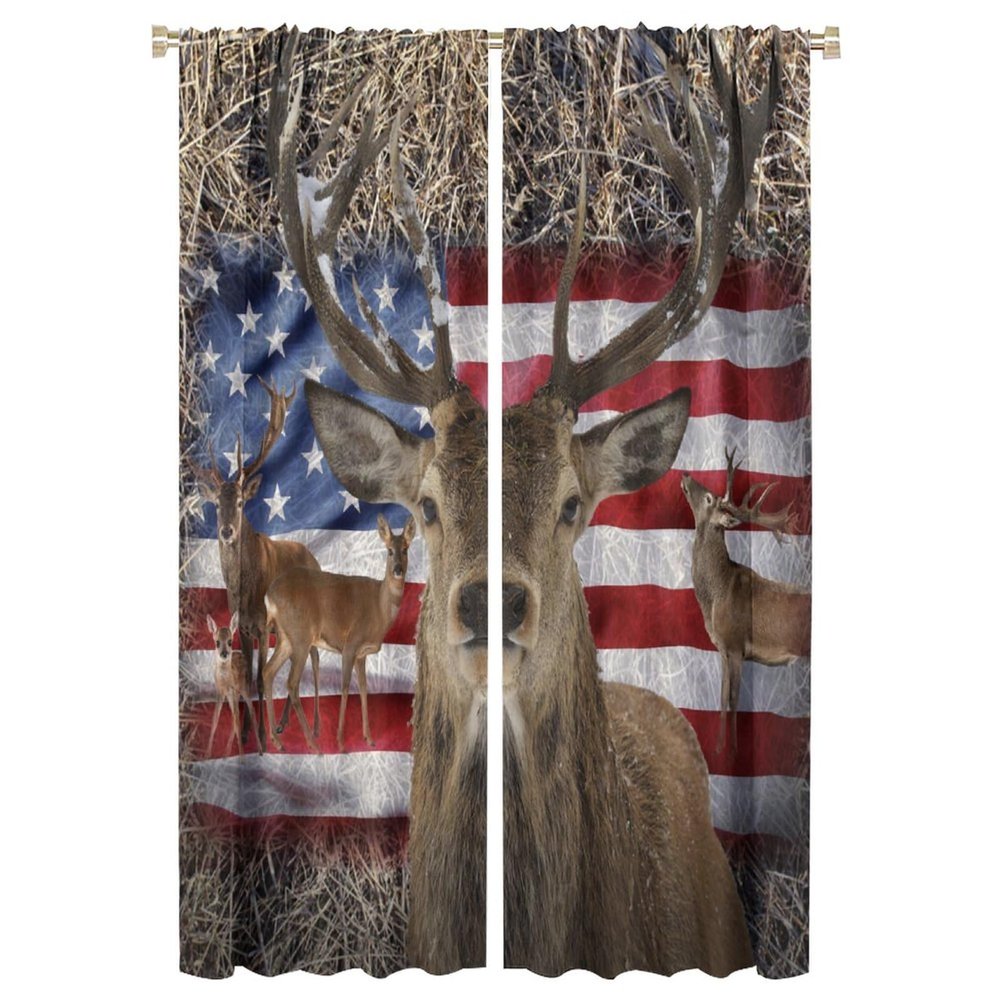 FBMLBRB Farmhouse Animal Deer Curtains,Vintage Rustic Farm Wildlife Deer American Flag Window Drapes Thermal Insulated Rod Pocket Blackout Curtains for Bedroom 2 Panels 63" L x 21" W