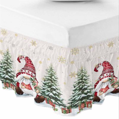 Christmas Bed Skirt King Size 16 Inch Drop, Adjustable Elastic Bedskirt Dust Ruffle for King Size Bed, Yellow Grey Snowflake Xmas Tree Gnomes Wrap Around Bed Skirts Luxurious Pleated Bed Frame Cover