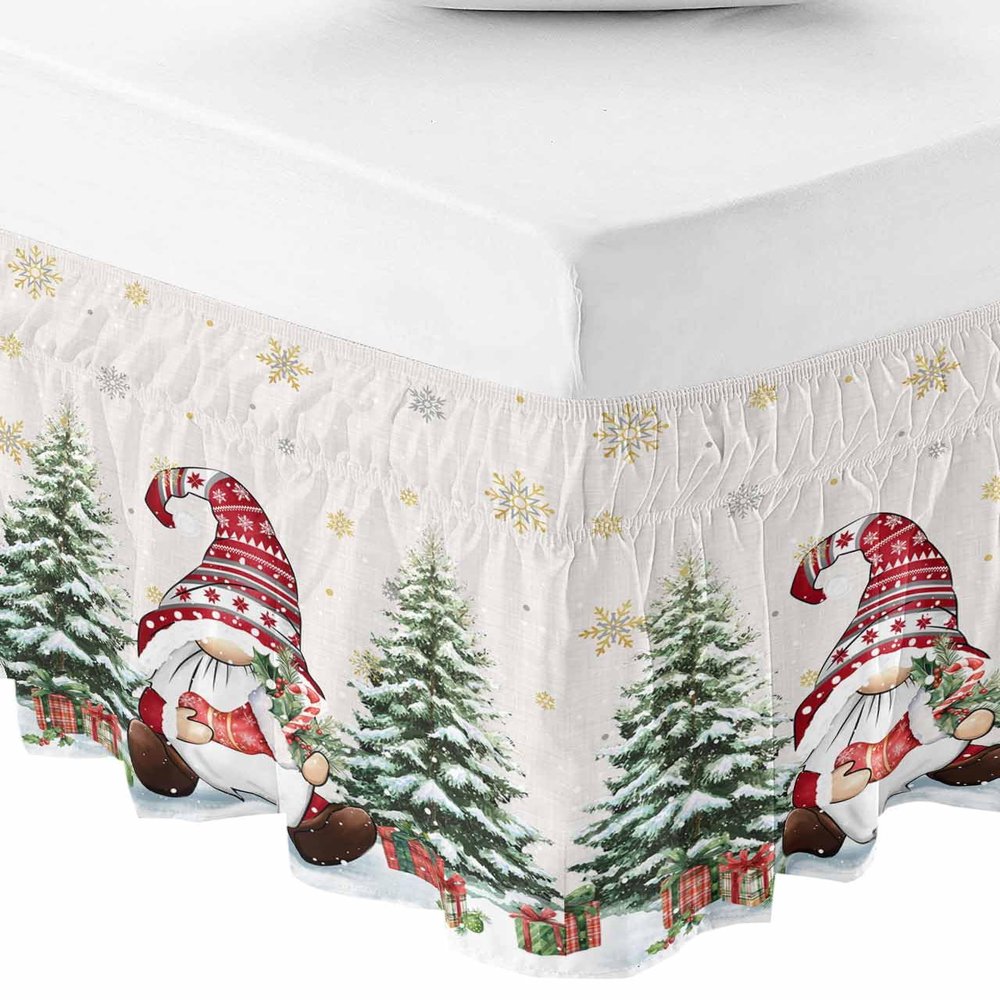 Christmas Bed Skirt King Size 16 Inch Drop, Adjustable Elastic Bedskirt Dust Ruffle for King Size Bed, Yellow Grey Snowflake Xmas Tree Gnomes Wrap Around Bed Skirts Luxurious Pleated Bed Frame Cover