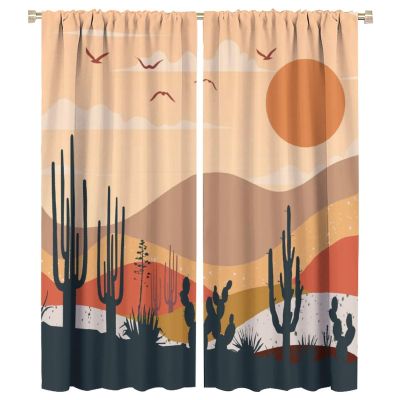 Abstract Mid Century Mountain Curtains,Vintage Nature Landscape Sunset Desert Succulent Cactus Window Treatments Thermal Insulated Rod Pocket Blackout Curtains for Bedroom 2 Panels 54"L x 21"W