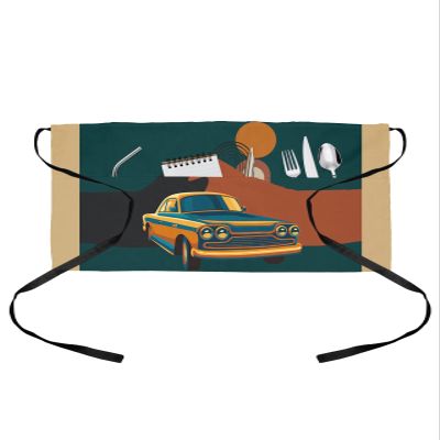 AMZRicher Vintage Truck Server Waitress Aprons with 3 Pockets, Middle Century Brown Teal Yellow Geometric Half Waist Apron for Cooking Kitchen