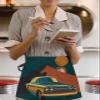 AMZRicher Vintage Truck Server Waitress Aprons with 3 Pockets, Middle Century Brown Teal Yellow Geometric Half Waist Apron for Cooking Kitchen view 3