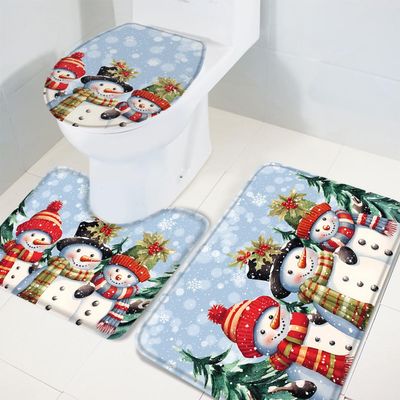 Wotrend Christmas 3 Piece Bath Rugs Set Cute Snowman Dreamlike Snowflake Blue Xmas Non-Slip Bathroom Mats Absorbent Contour Soft Mat Toilet Lid Cover Bathroom Decor Set- 18"x30"+14"x18"+15"x18"