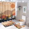 Abstract Mid Century Mountain 4 Pieces Shower Curtain Set,Vintage Nature Landscape Sunset Desert Succulent Cactus Non-Slip Rugs Toilet Lid Cover Bath Mat and Bathroom Curtain view 1