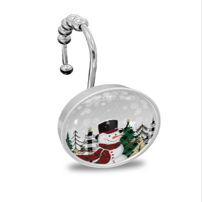 Snowman Shower Curtain Hooks, Bufflao Plaid Christmas Tree Snowflake Gary Decor 12PCS Shower Curtain Hooks Rings for Bathroom Stainless Steel Rust Resistant Shower Curtain Hangers