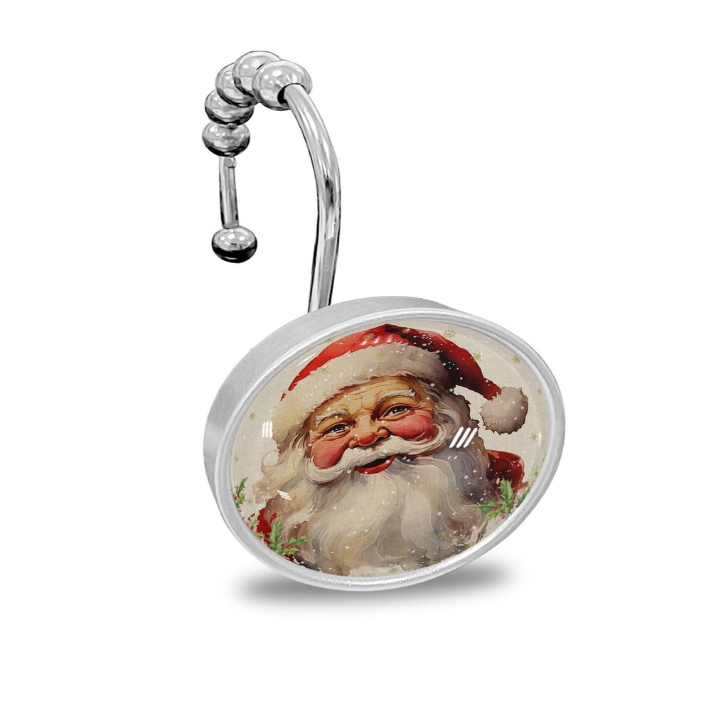 Christmas Shower Curtain Hooks, Santa Claus Snowflake Holly Berry Xmas 12PCS Shower Curtain Hooks Rings for Bathroom Stainless Steel Rust Resistant Shower Curtain Hangers