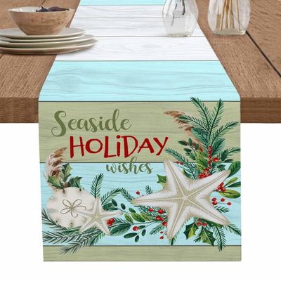 Coastal Christmas Cotton Linen Rectangle Table Runners 13"x72", Seaside Holiday Wishes Xmas Beach Starfish Coffee Table Runner Dresser Scarves Luxury Table Runners for Wedding Party Banquet Dinner