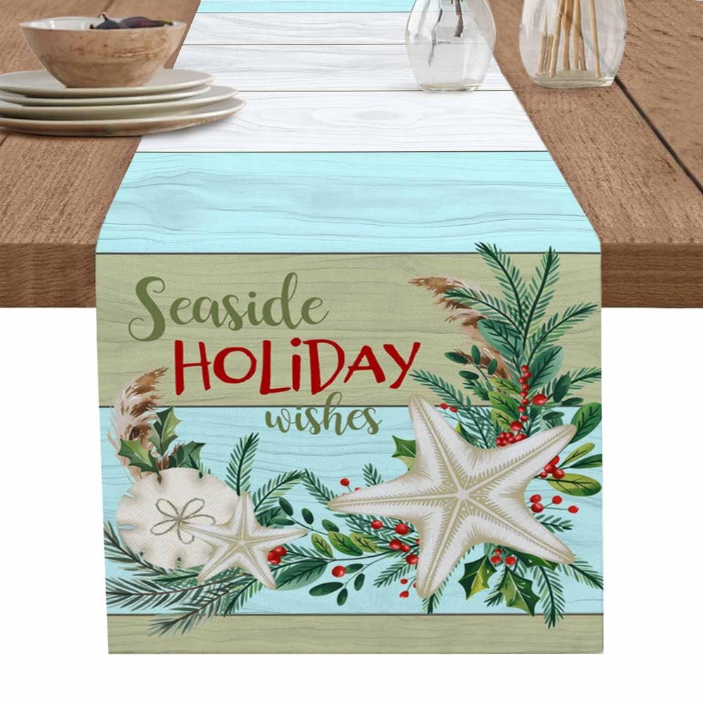 Coastal Christmas Cotton Linen Rectangle Table Runners 13"x72", Seaside Holiday Wishes Xmas Beach Starfish Coffee Table Runner Dresser Scarves Luxury Table Runners for Wedding Party Banquet Dinner