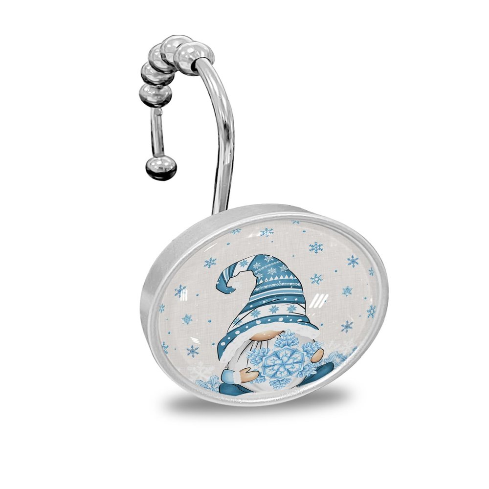 Christmas Shower Curtain Hooks, Christmas Gnome Blue Sowflake Winter Xmas 12PCS Shower Curtain Hooks Rings for Bathroom Stainless Steel Rust Resistant Shower Curtain Hangers
