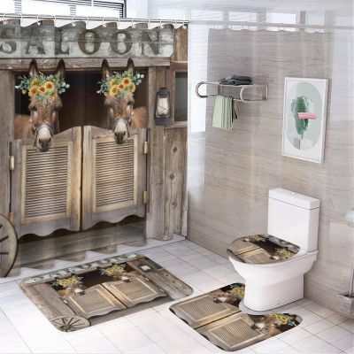 Rustic Farmhouse Donkey 4 Pcs Waterproof Shower Curtain Set,Vintage Western Saloon Cowboy Donkey Sunflower with Waterproof Toilet Cover Shower Mat Rugs