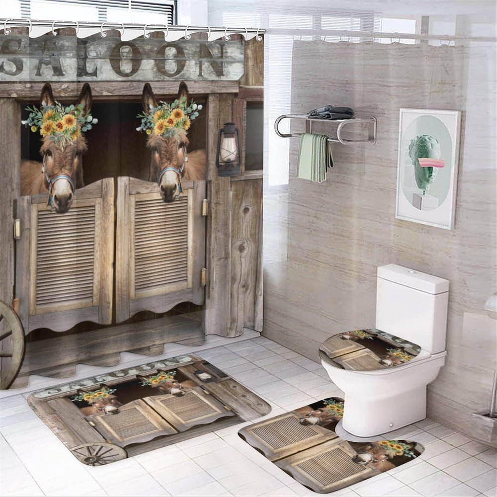 Rustic Farmhouse Donkey 4 Pcs Waterproof Shower Curtain Set,Vintage Western Saloon Cowboy Donkey Sunflower with Waterproof Toilet Cover Shower Mat Rugs