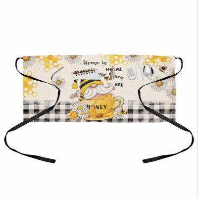 AMZRicher Honey Gnomes Server Waitress Aprons with 3 Pockets, Spring Floral Yellow Summer Bee Black Plaid Half Waist Apron for Cooking Kitchen