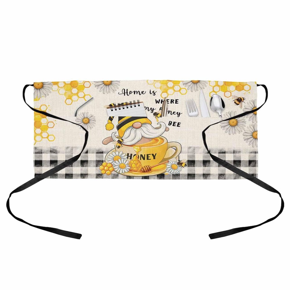 AMZRicher Honey Gnomes Server Waitress Aprons with 3 Pockets, Spring Floral Yellow Summer Bee Black Plaid Half Waist Apron for Cooking Kitchen