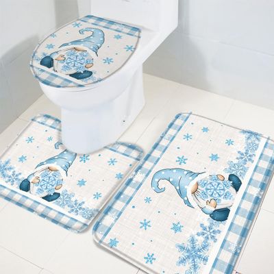 Christmas 3 Piece Bath Rugs Set Winter Gnome Snowflake Blue White Plaid Non-Slip Bathroom Mats Absorbent Contour Soft Mat Toilet Lid Cover Bathroom Decor Set- 20"x32"+16"x18"+16"x20"