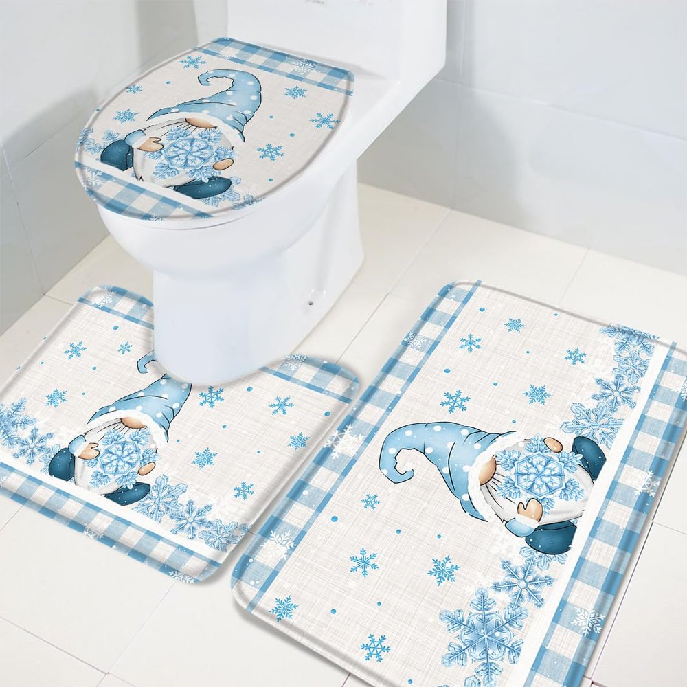 Christmas 3 Piece Bath Rugs Set Winter Gnome Snowflake Blue White Plaid Non-Slip Bathroom Mats Absorbent Contour Soft Mat Toilet Lid Cover Bathroom Decor Set- 20"x32"+16"x18"+16"x20"