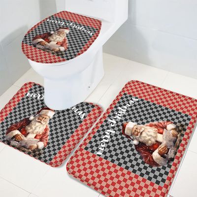 Wotrend Merry Christmas 3 Piece Bath Rugs Set Santa Claus Red and Black Plaid Xmas Non-Slip Bathroom Mats Absorbent Contour Soft Mat Toilet Lid Cover Bathroom Decor Set- 18"x30"+14"x18"+15"x18"