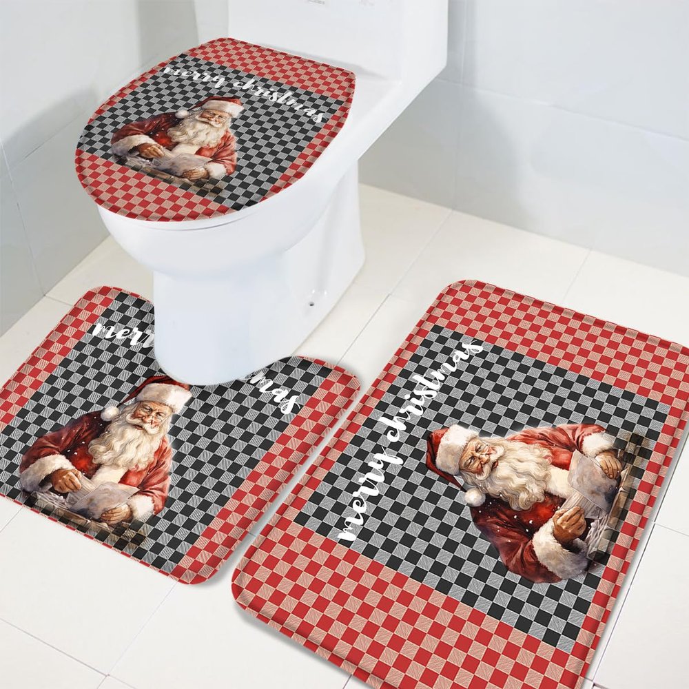 Wotrend Merry Christmas 3 Piece Bath Rugs Set Santa Claus Red and Black Plaid Xmas Non-Slip Bathroom Mats Absorbent Contour Soft Mat Toilet Lid Cover Bathroom Decor Set- 18"x30"+14"x18"+15"x18"