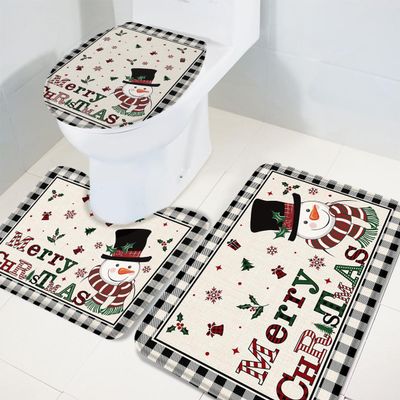 Wotrend Snowman 3 Piece Bath Rugs Set Christmas Snowflake Gift Retro Buffalo Check Plaid Non-Slip Bathroom Mats Absorbent Contour Soft Mat Toilet Lid Cover Bathroom Decor Set- 20"x32"+16"x18"+16"x20"