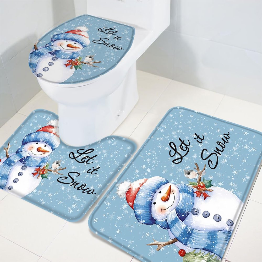 Christmas 3 Piece Bath Rugs Set Snowman Xmas Winter Snowy Non-Slip Bathroom Mats Absorbent Contour Soft Mat Toilet Lid Cover Bathroom Decor Set- 20"x32"+16"x18"+16"x20"