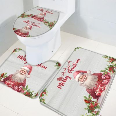 Merry Christmas 3 Piece Bath Rugs Set Santa Claus Gift Holly Berry Wooden Board Non-Slip Bathroom Mats Absorbent Contour Soft Mat Toilet Lid Cover Bathroom Decor Set- 18"x30"+14"x18"+15"x18"