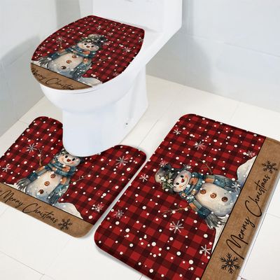Merry Christmas 3 Piece Bath Rugs Set Xmas Snowman Winter Red and Black Plaid Non-Slip Bathroom Mats Absorbent Contour Soft Mat Toilet Lid Cover Bathroom Decor Set- 20"x32"+16"x18"+16"x20"