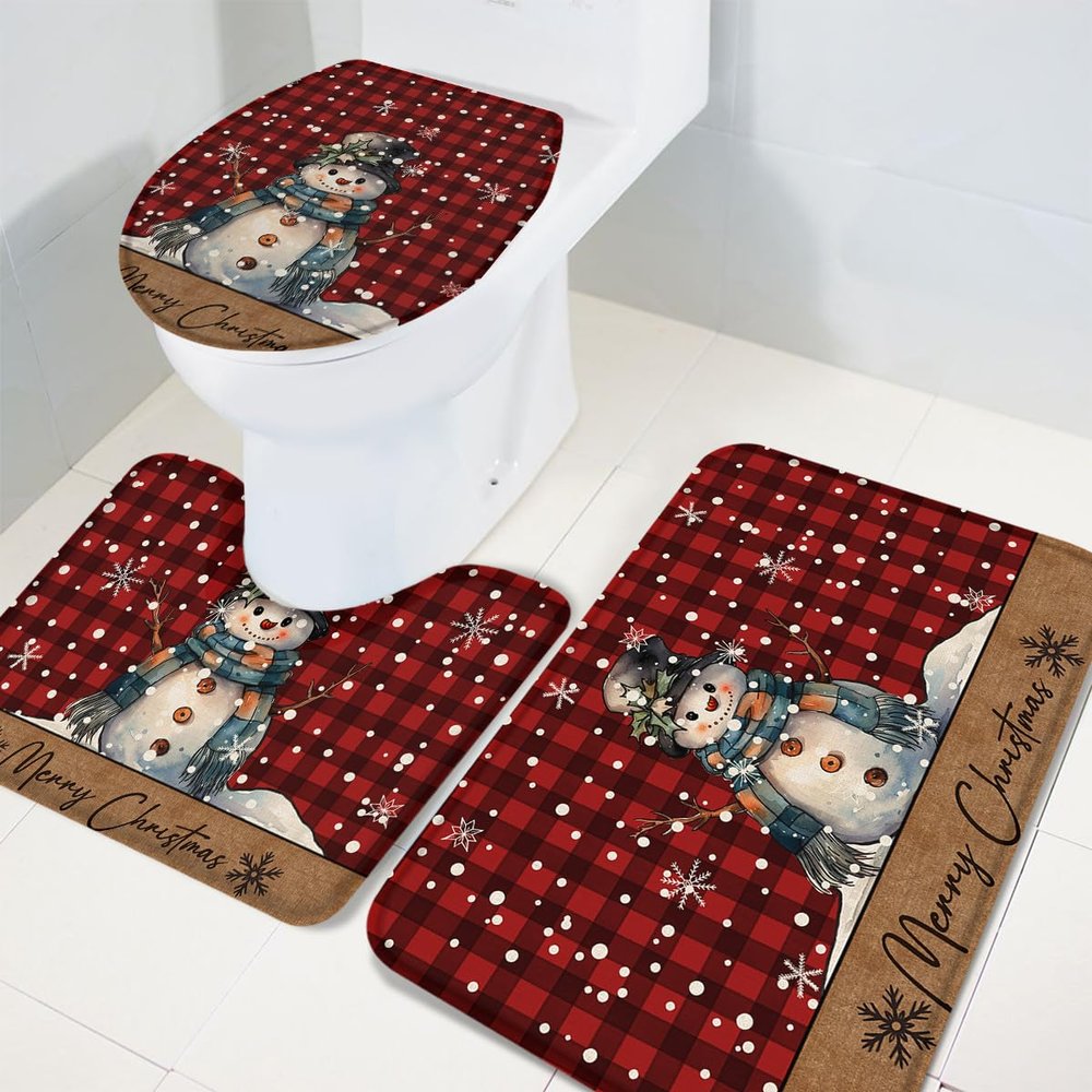 Merry Christmas 3 Piece Bath Rugs Set Xmas Snowman Winter Red and Black Plaid Non-Slip Bathroom Mats Absorbent Contour Soft Mat Toilet Lid Cover Bathroom Decor Set- 20"x32"+16"x18"+16"x20"