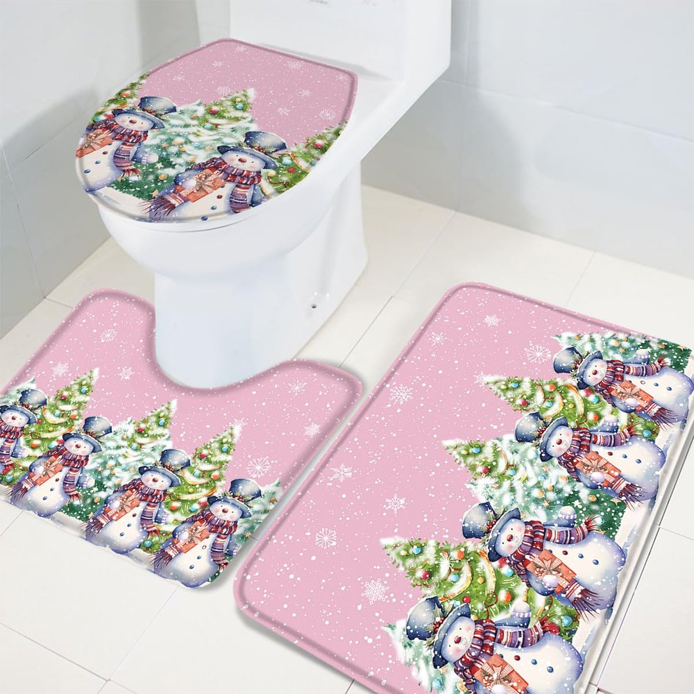 Wotrend Christmas 3 Piece Bath Rugs Set Pink Xmas Snowman Snowflake Tree Winter Non-Slip Bathroom Mats Absorbent Contour Soft Mat Toilet Lid Cover Bathroom Decor Set- 18"x30"+14"x18"+15"x18"