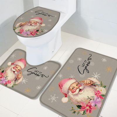 Wotrend Christmas 3 Piece Bath Rugs Set Santa Claus Snowflake Grey Xms Non-Slip Bathroom Mats Absorbent Contour Soft Mat Toilet Lid Cover Bathroom Decor Set- 18"x30"+14"x18"+15"x18"