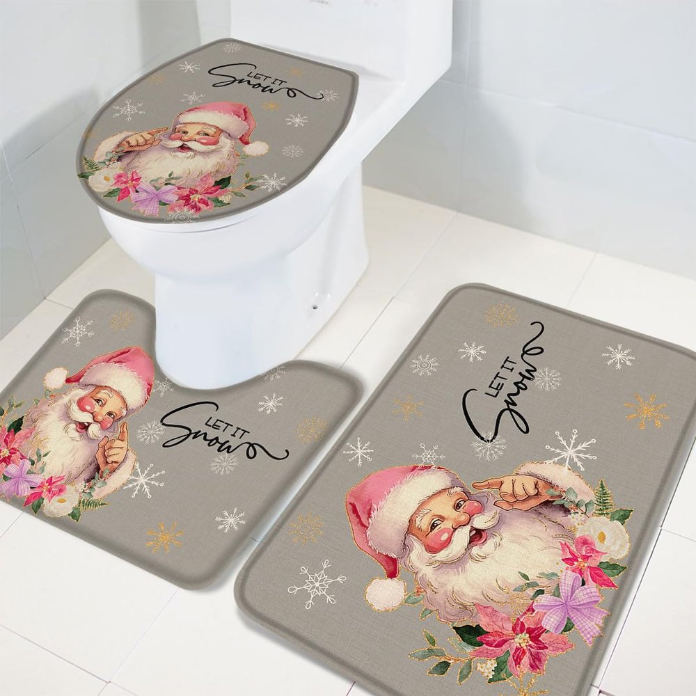 Wotrend Christmas 3 Piece Bath Rugs Set Santa Claus Snowflake Grey Xms Non-Slip Bathroom Mats Absorbent Contour Soft Mat Toilet Lid Cover Bathroom Decor Set- 18"x30"+14"x18"+15"x18"