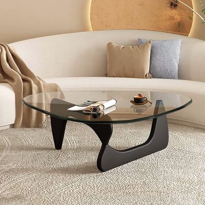 HM&DX Triangle Coffee Table Thickened Glass Top,Mid-Century Modern Table,Glass End Table,Solid Wood Base,Coffee Tables for Living Room Home Office(32.3 * 22.4 16 inch, Clear-Black)